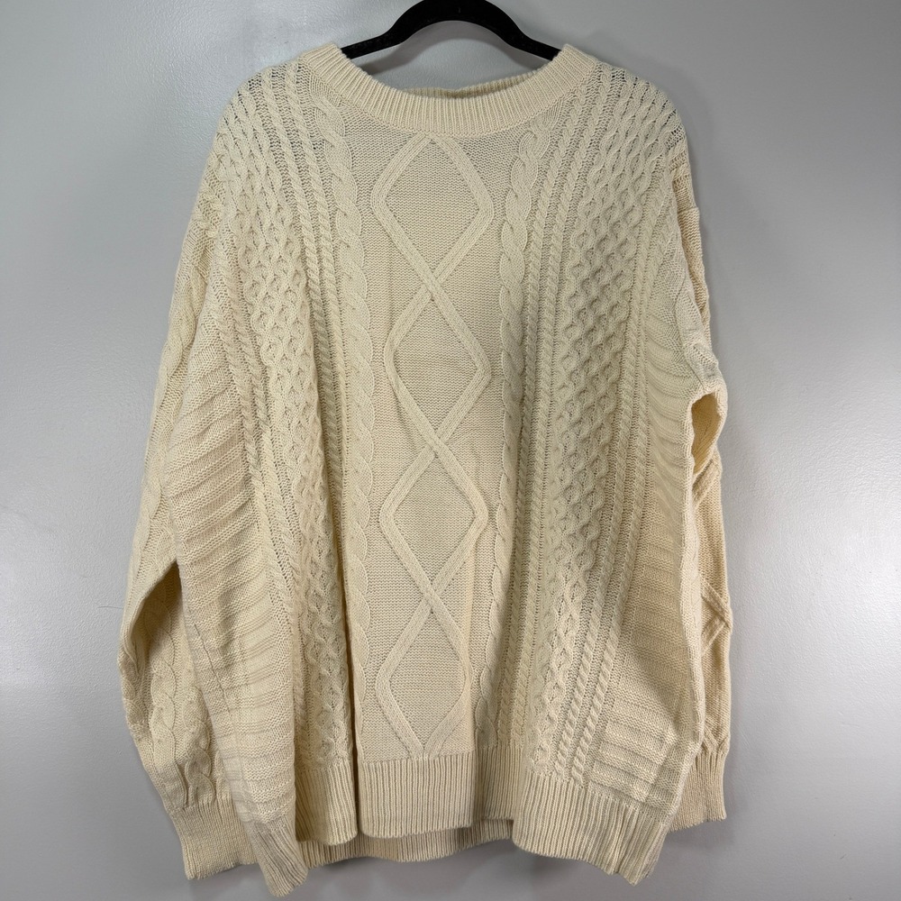 Elfric Eden Cream Cable Knit Oversized Sweater XXL Ivory Diamond Pattern Crew